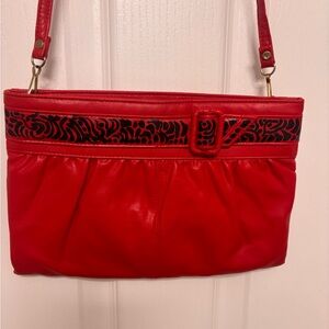 Hand painted red vintage leather purse with black accents.